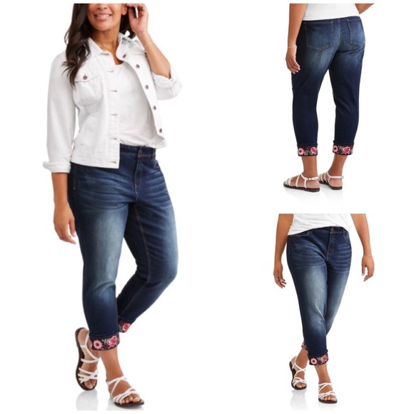 Terra & Sky Denim - TERRA & SKY Slim Boyfriend Embroidered Cuff Crop